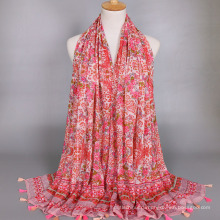Мода новое поступление большой цветочный узор печать шарф mecerized хлопок платок с кисточкой